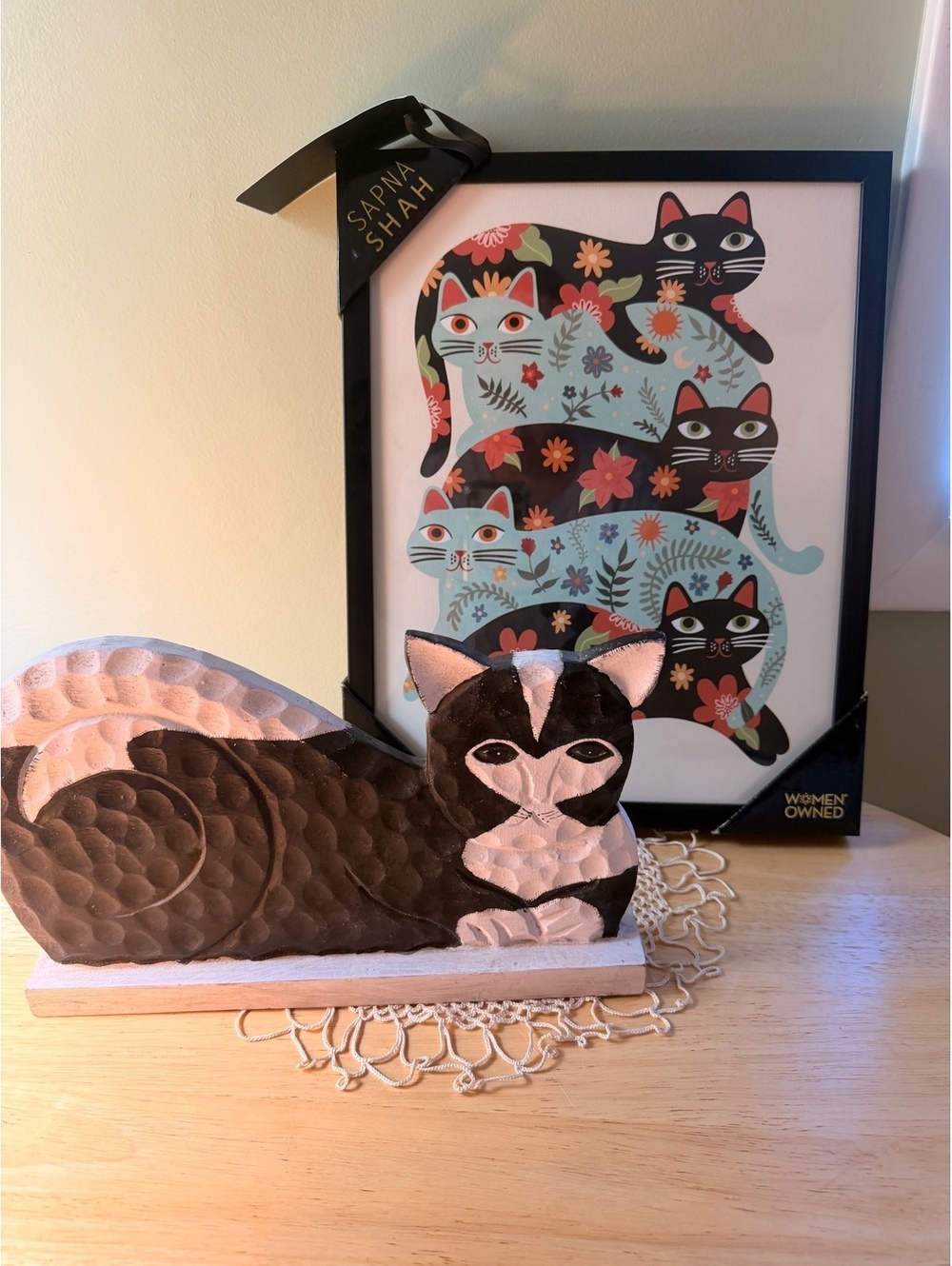 Sapna Shah Floral Cat Print Wall Art and Cat Figurine